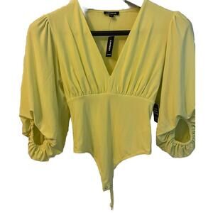 EXPRESS NEON Yellow BODYSUIT Dolman 3/4 Sleeves Woman’s XS V Neck Blouse Top
